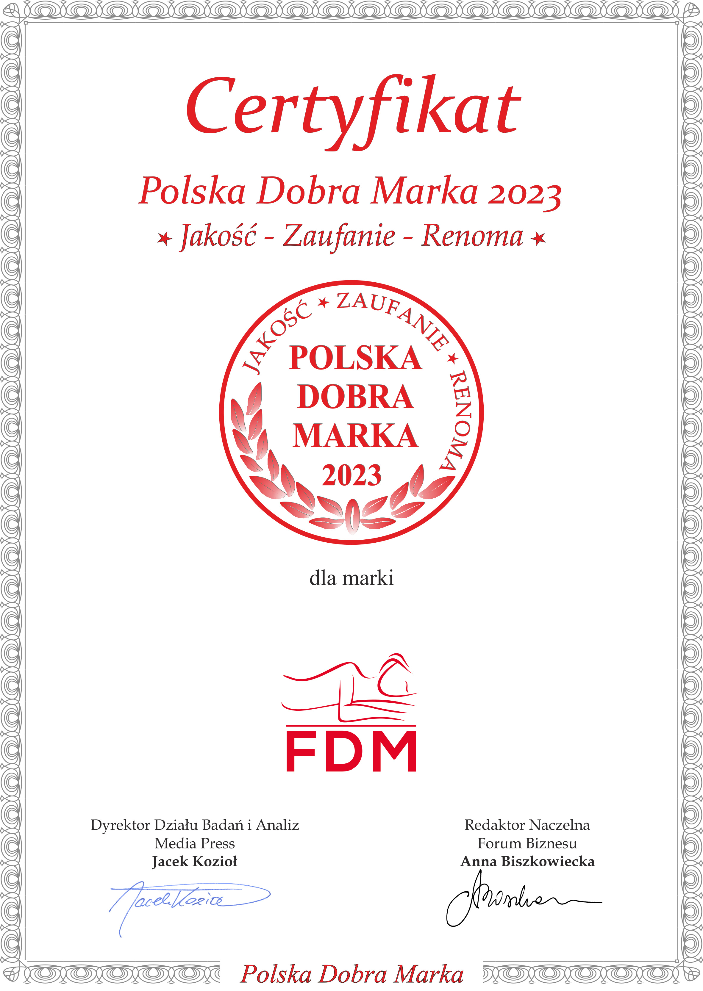 Certyfikat Dobra Marka 2023 dla FDM