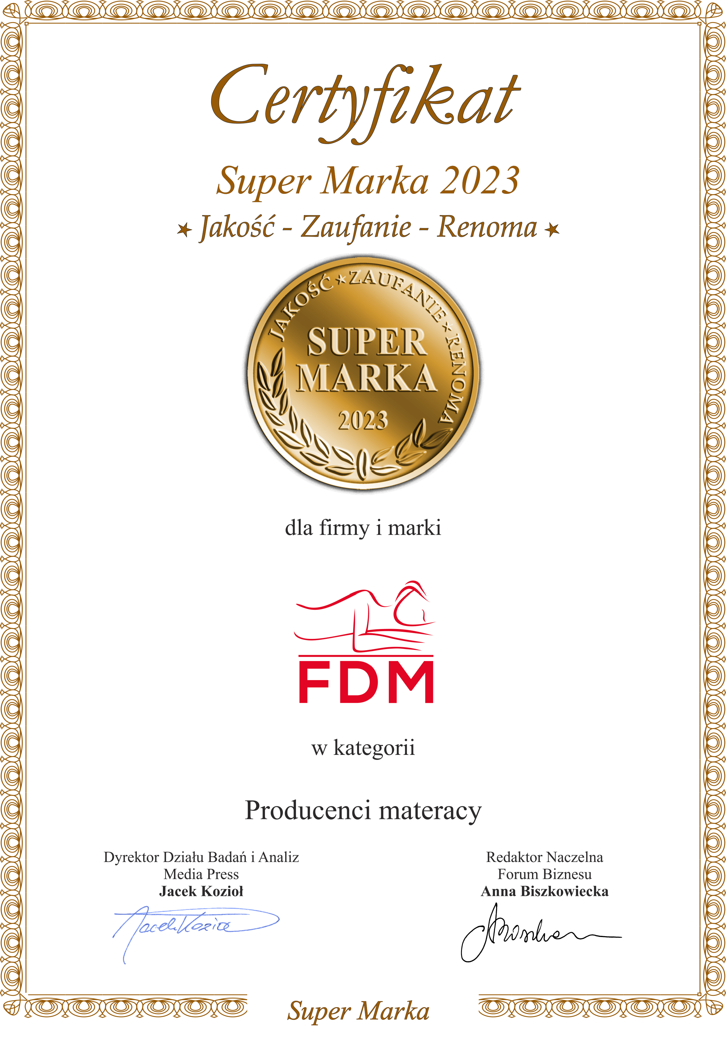 Certyfikat Super Marka 2023 dla FDM