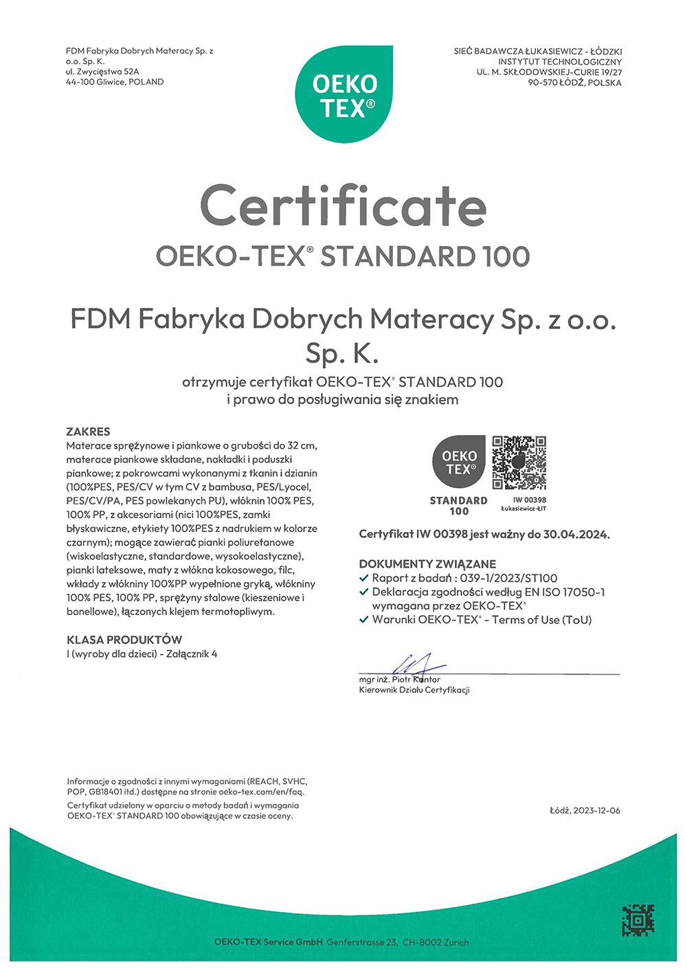 Certyfikat OEKO-TEX 2023 dla produktów FDM