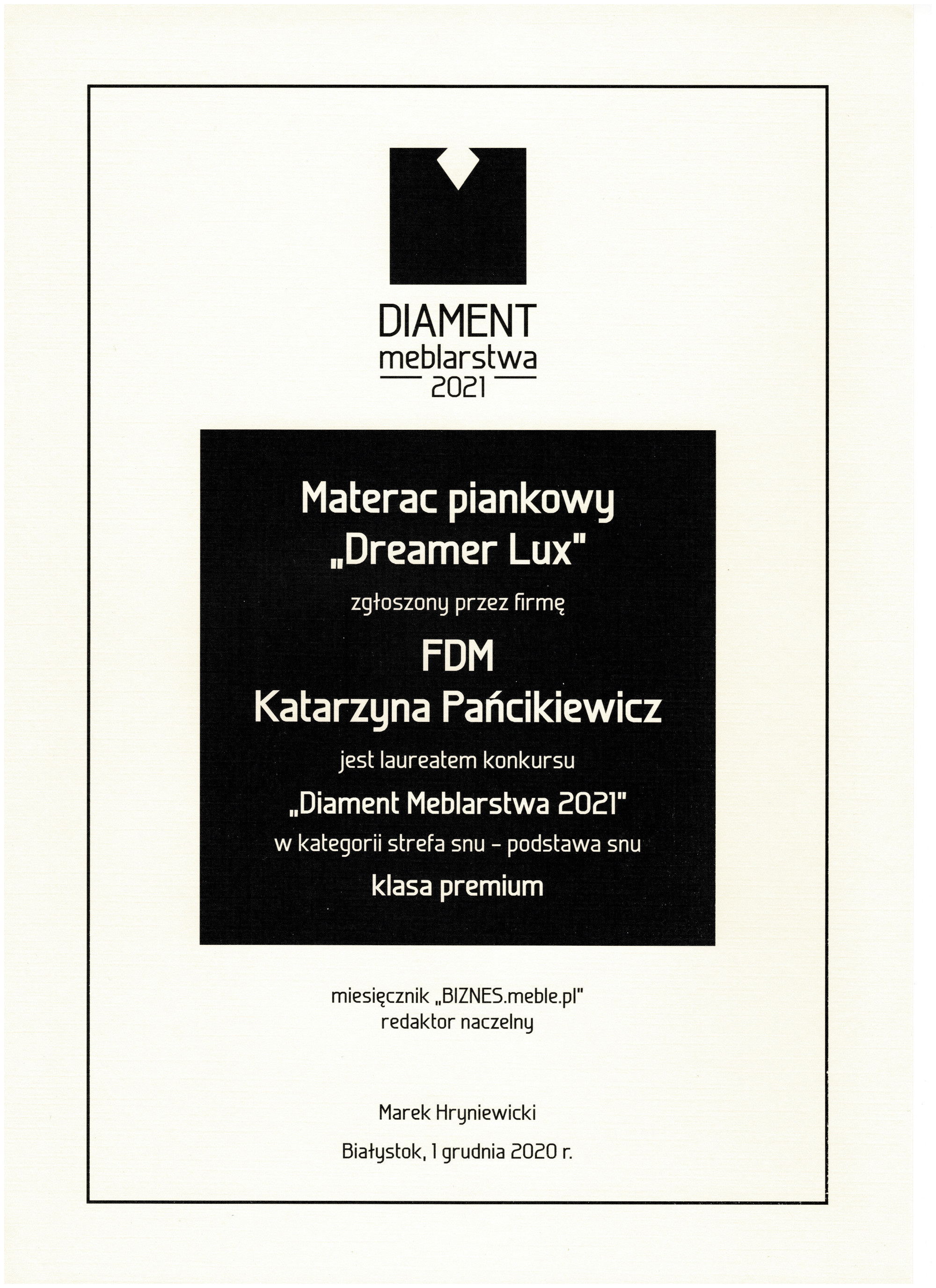 Tytuł Diament Meblarstwa 2020 dla FDM
