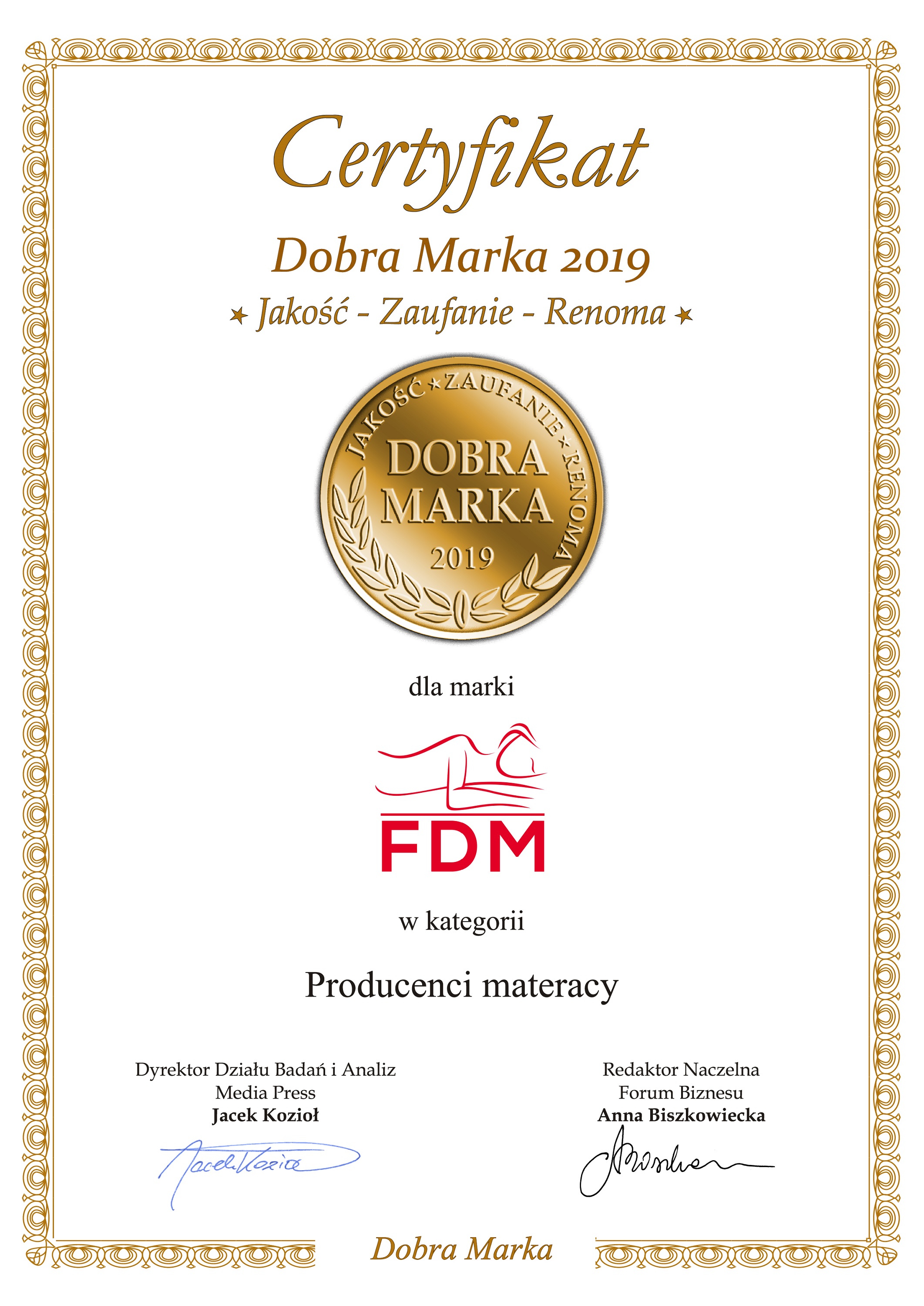 Certyfikat Dobra marka 2019 dla FDM