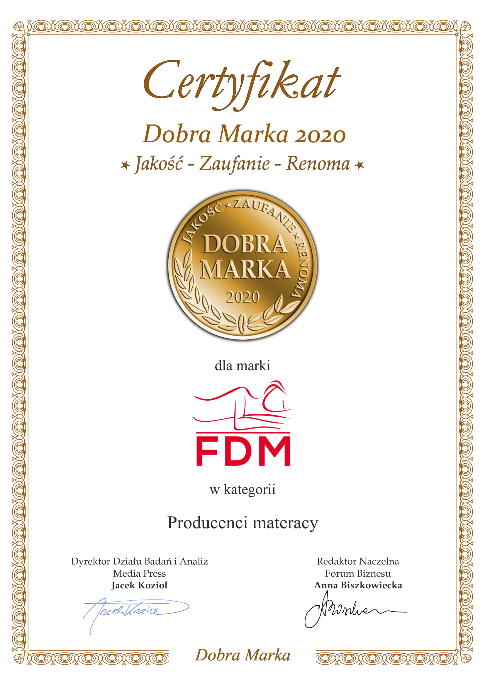 Certyfikat Dobra Marka 2020 dla FDM