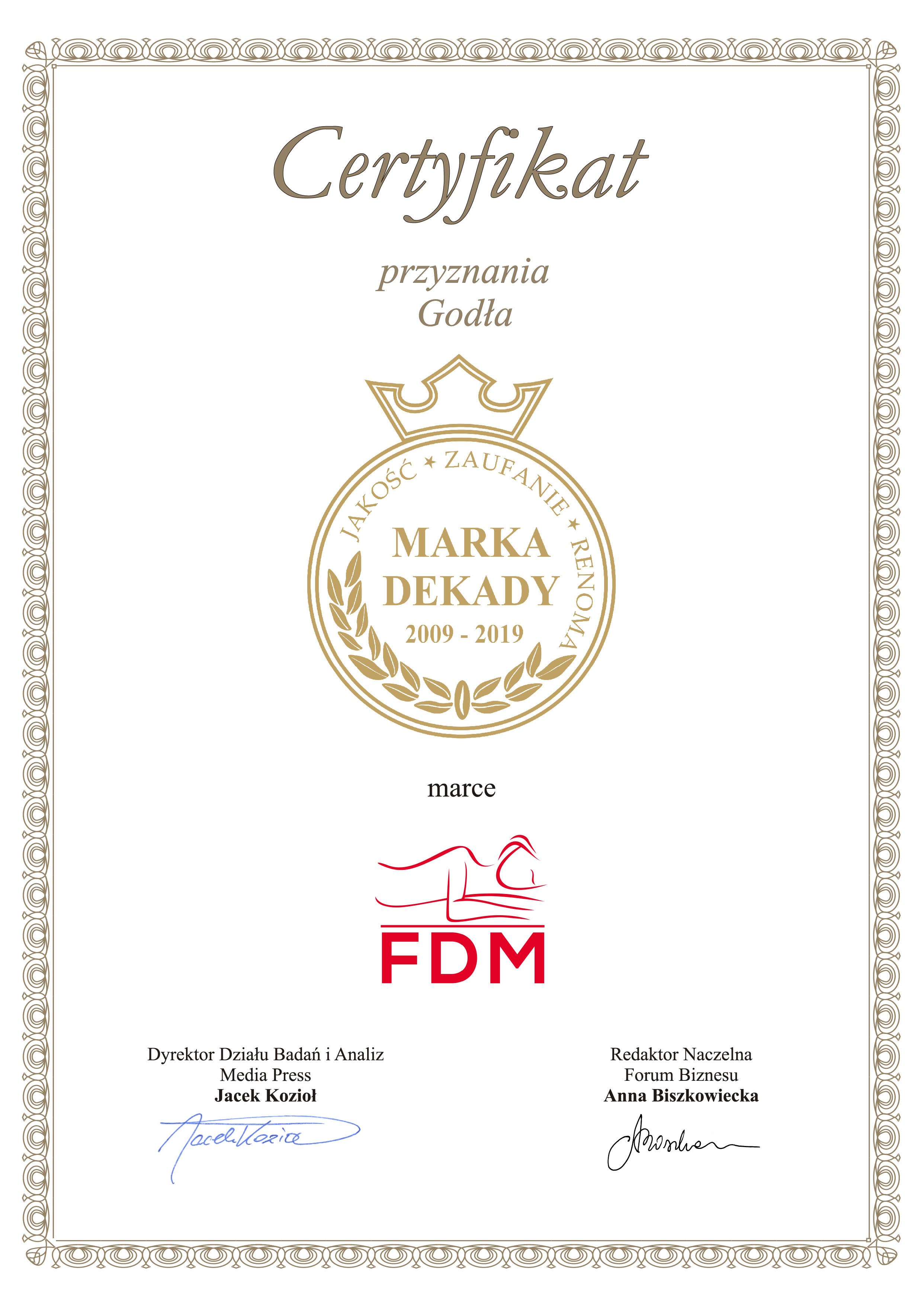 Certyfikat Marka Dekady 2009 -2019 dla FDM