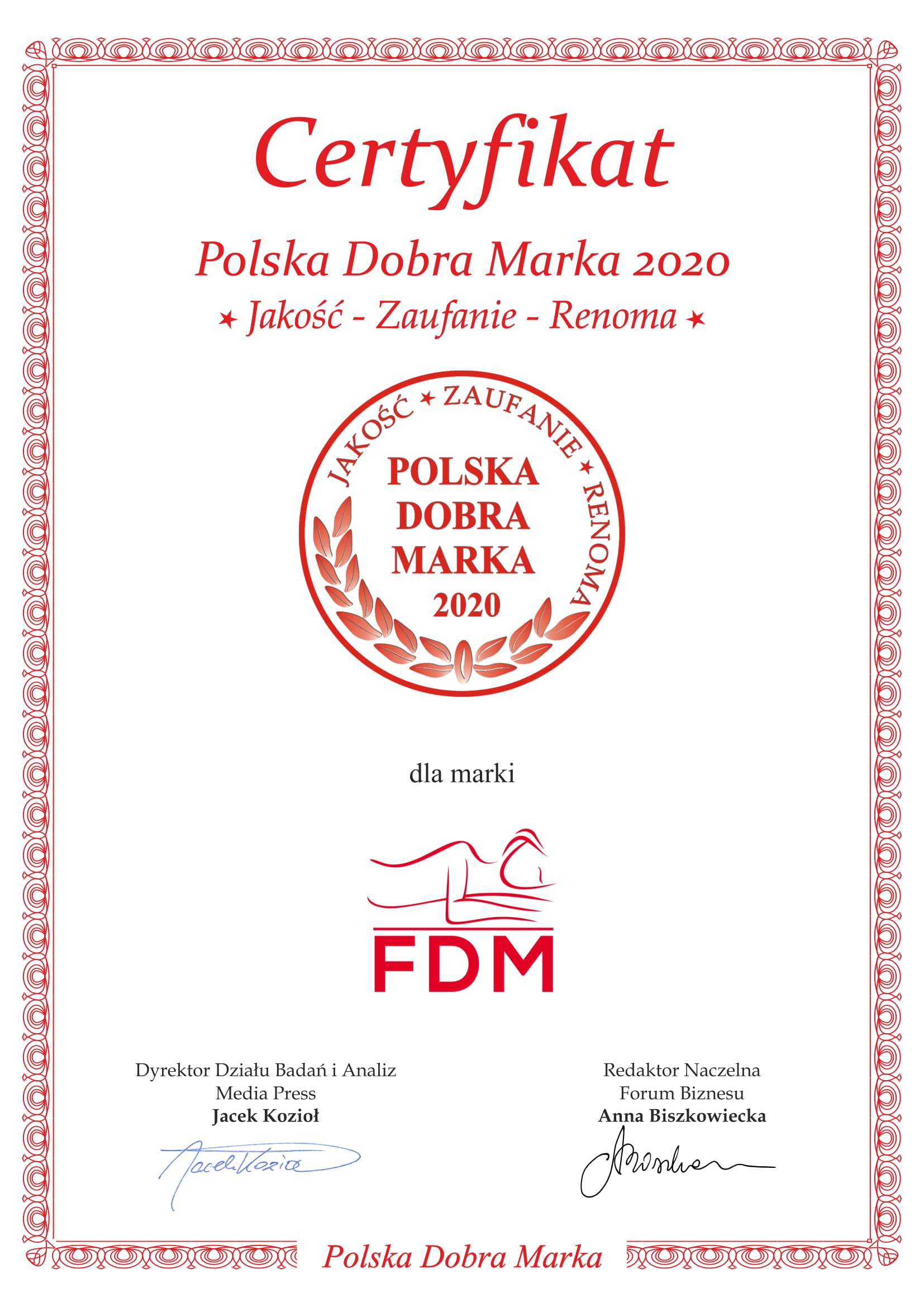 Certyfikat Polska Dobra Marka 2020 dla FDM