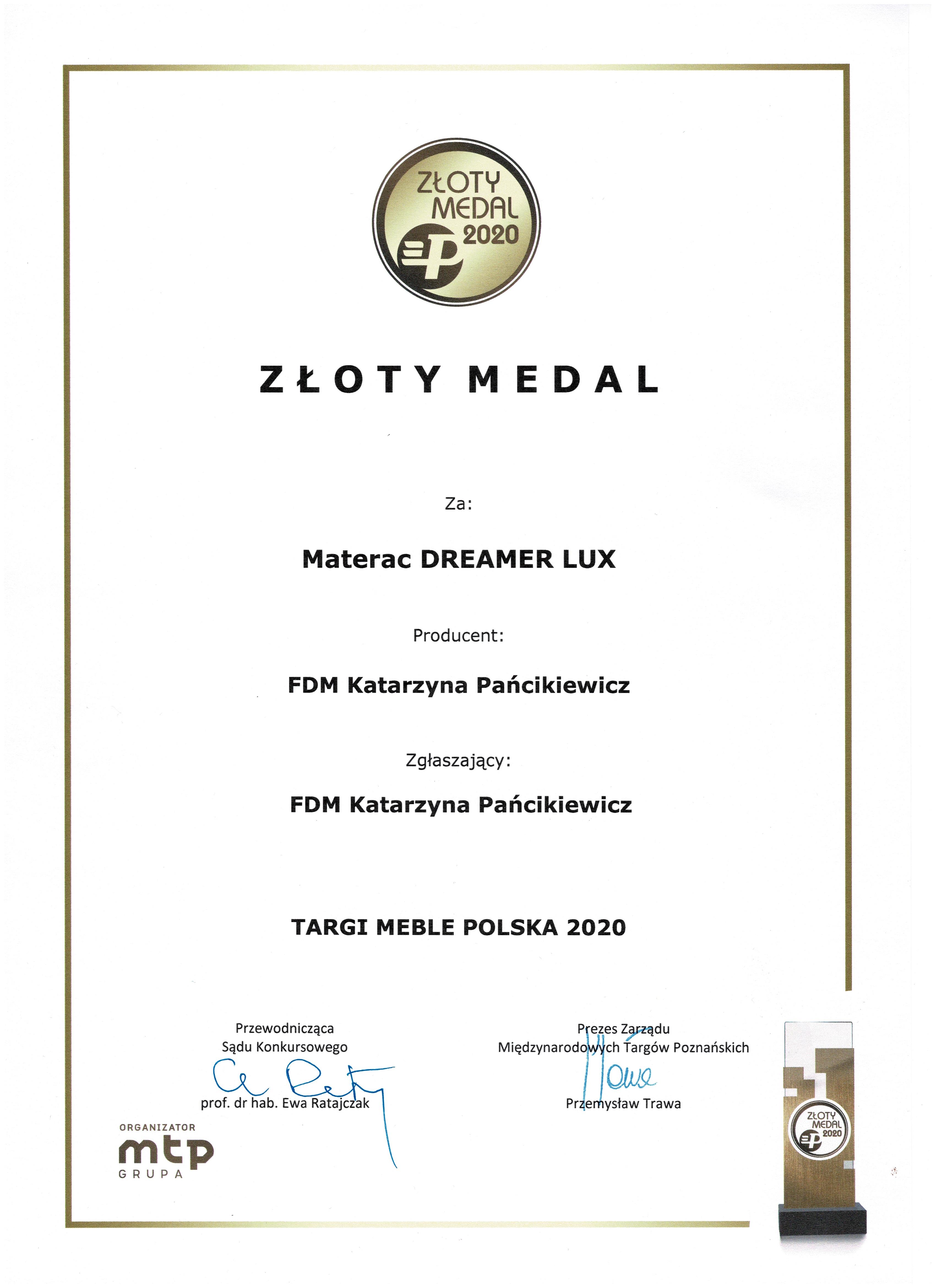 Dyplom Złoty Medal Meble Polska MTP 2020 dla FDM