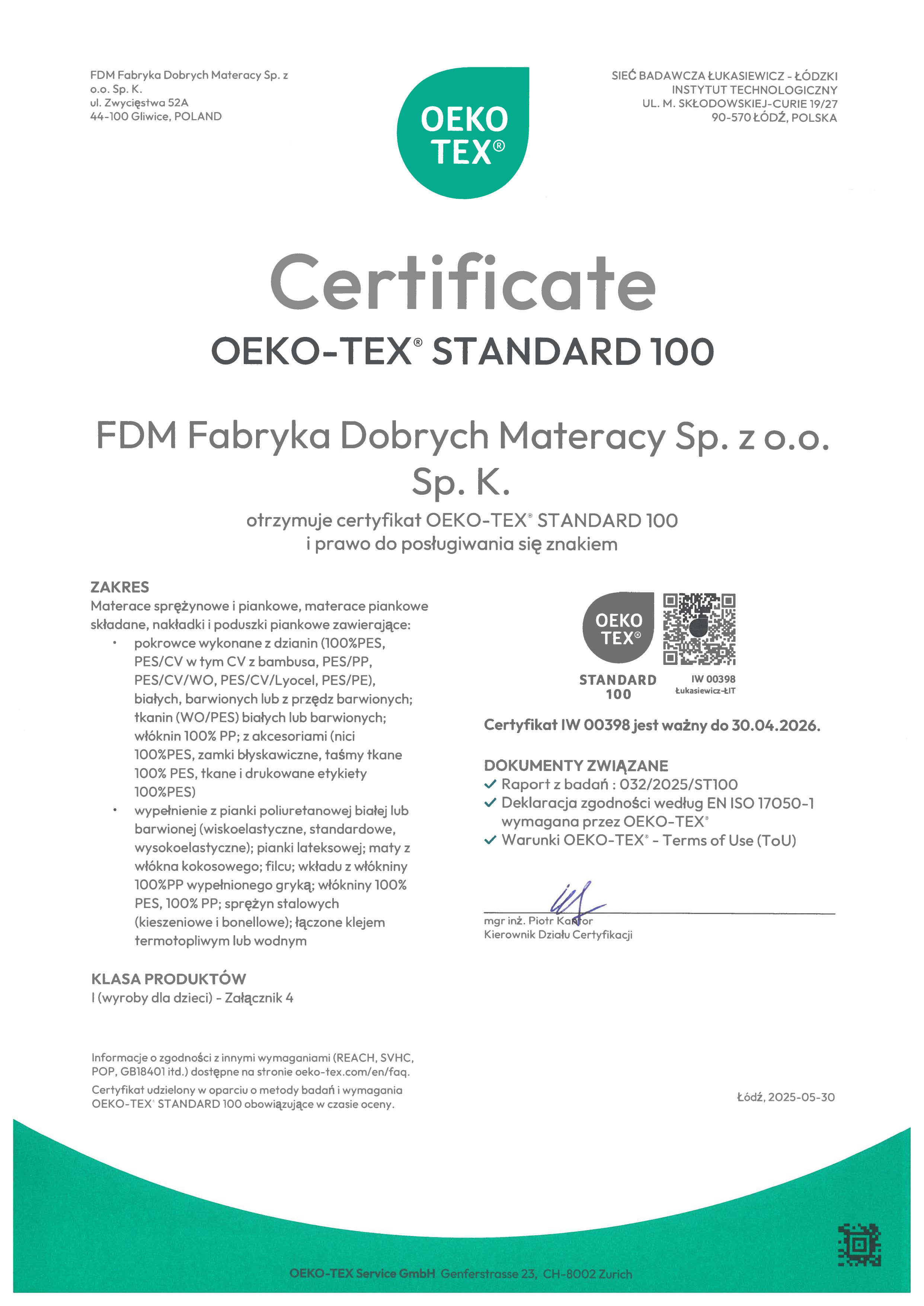 Certyfikat OEKO-TEX 2025 dla produktów FDM