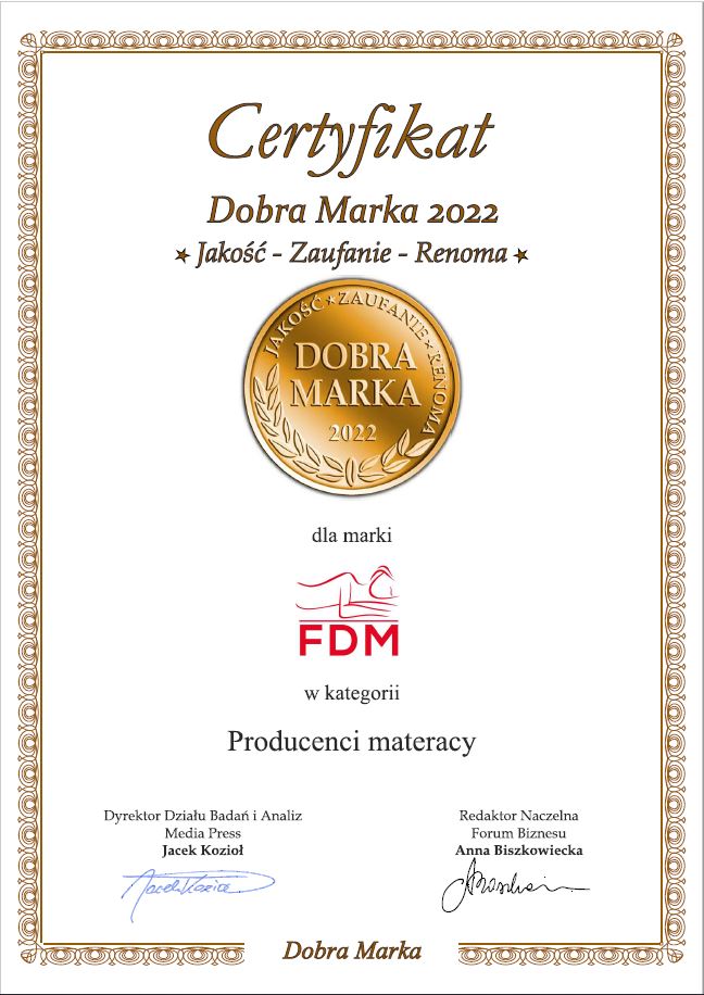 Certyfikat Dobra Marka 2022 dla FDM