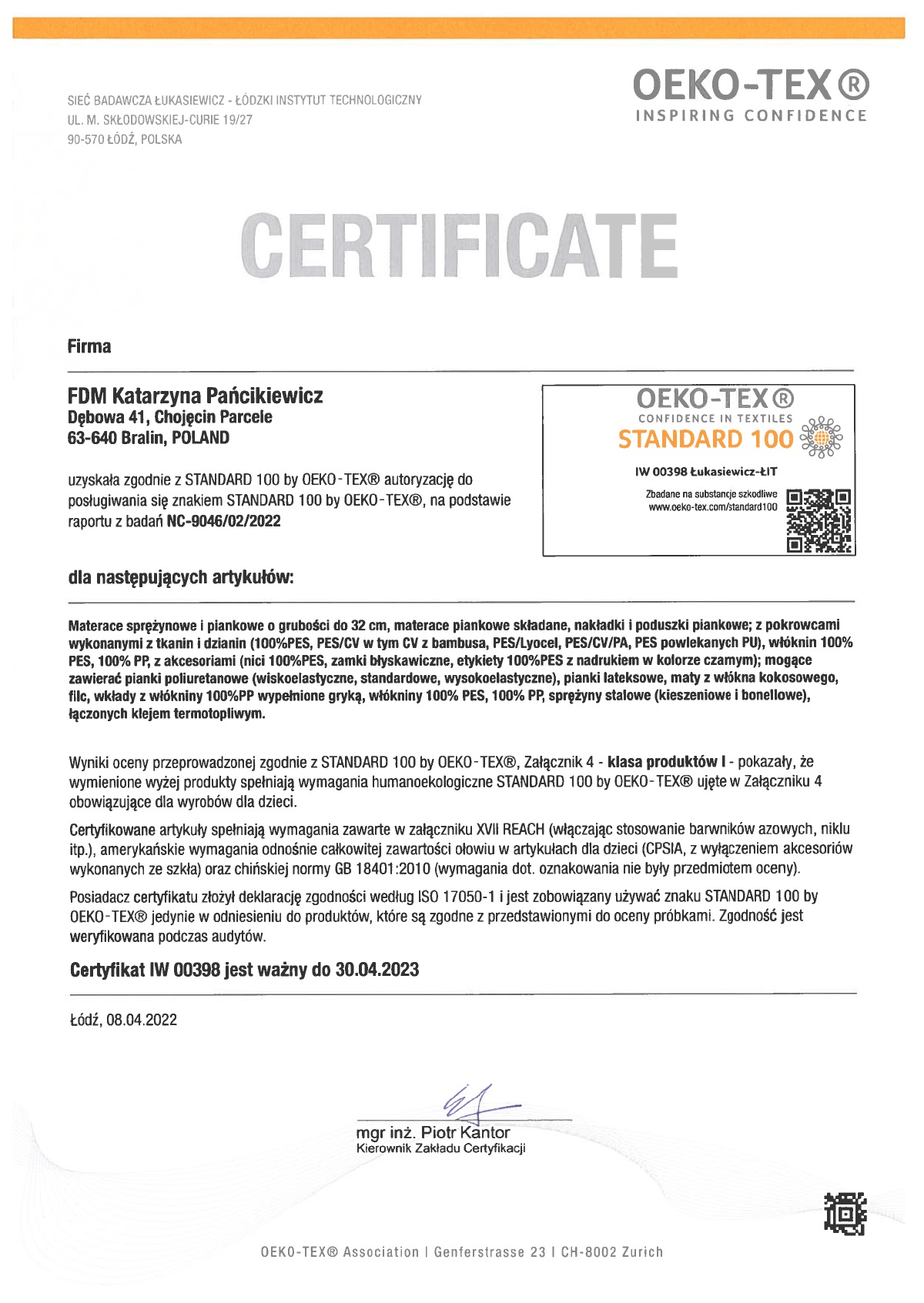 Świadectwo certyfikat OEKO-TEX dla FDM