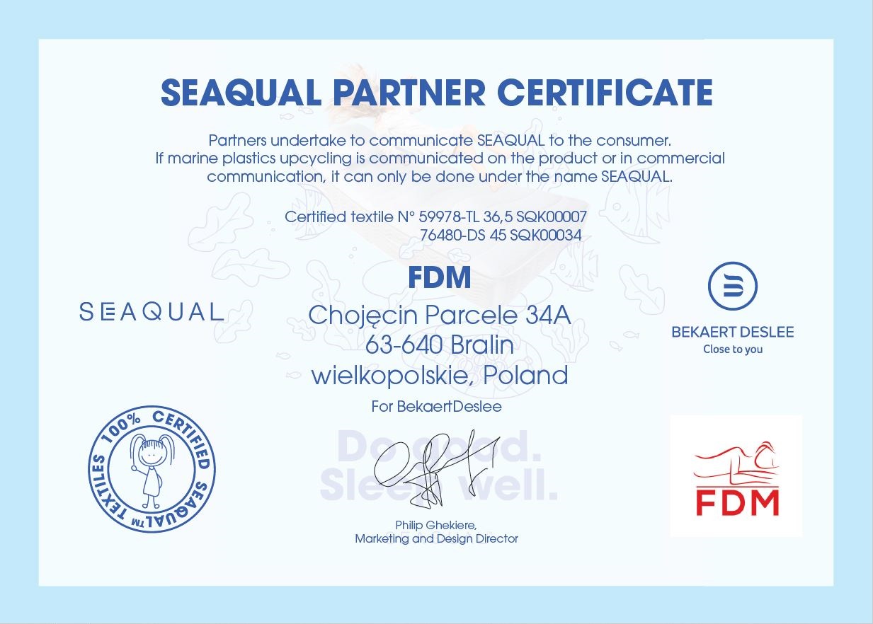 Certyfikat - świadectwo Certyfikat Seaqual - eko pokrowiec